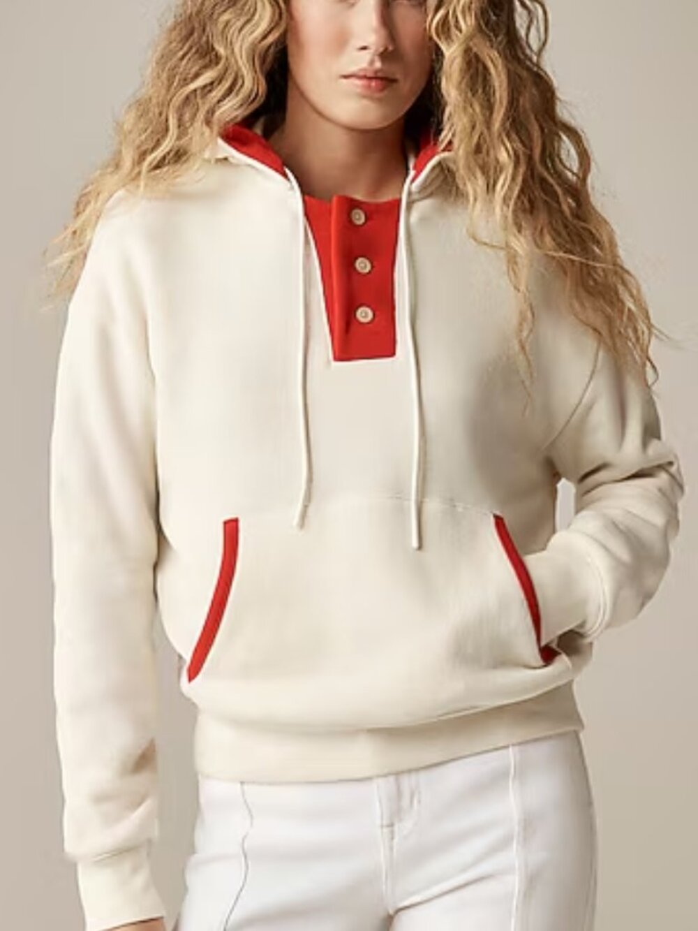J Crew Heritage Terry Contrast Trim Hooded Sweatshirt Large 100% Cotton Red